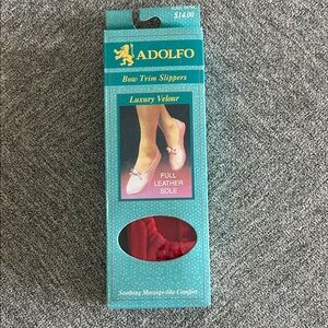 Vintage Adolfo Luxury Velour Red Slippers- Full Leather Sole- NIB L/XL